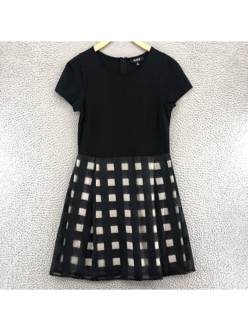 Allen Schwartz Dress Womens Large Black Check Fit & Flare Pleated Short Sleeve